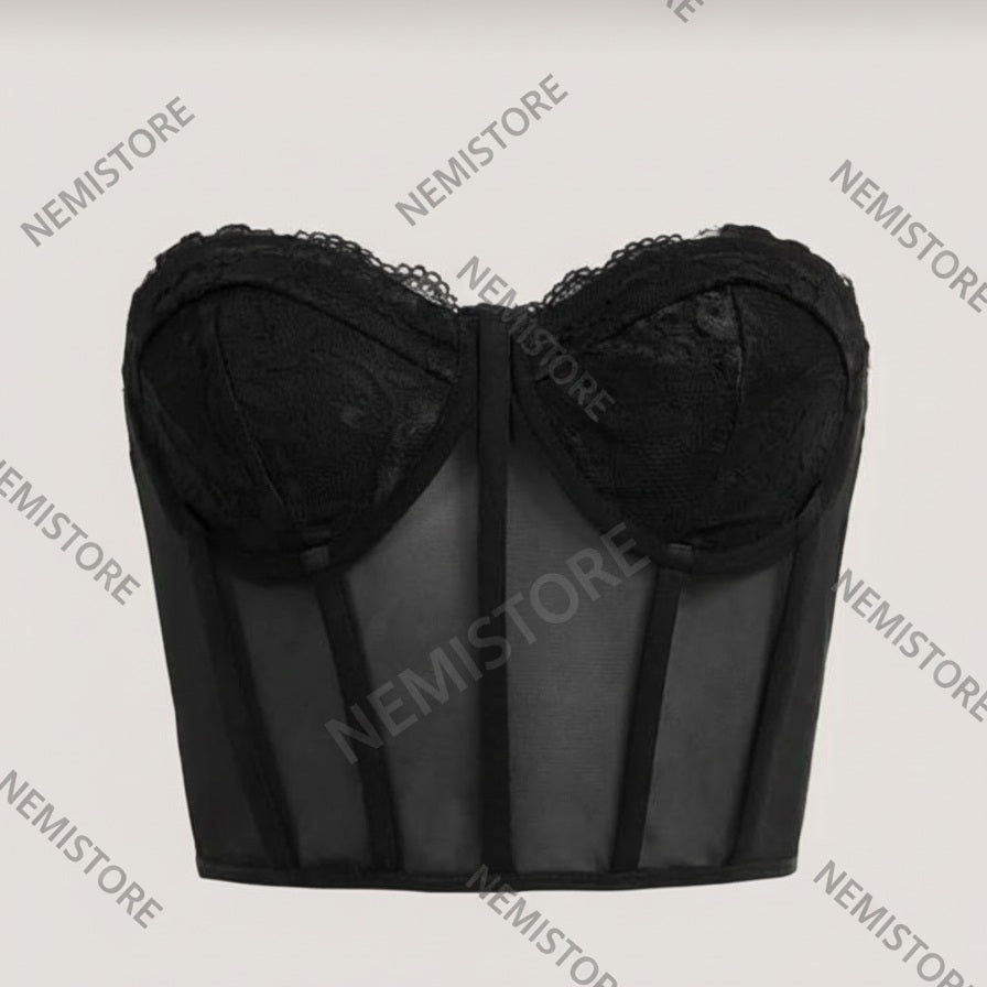 Corset negro de encaje floral y mesh
