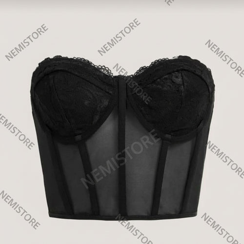 Corset negro de encaje floral y mesh