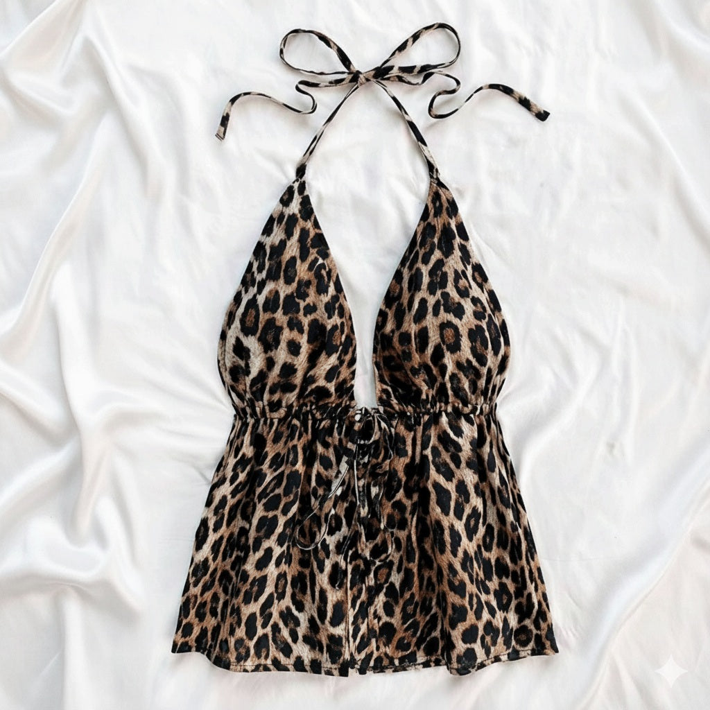 Top halter de print leopardo con tiras