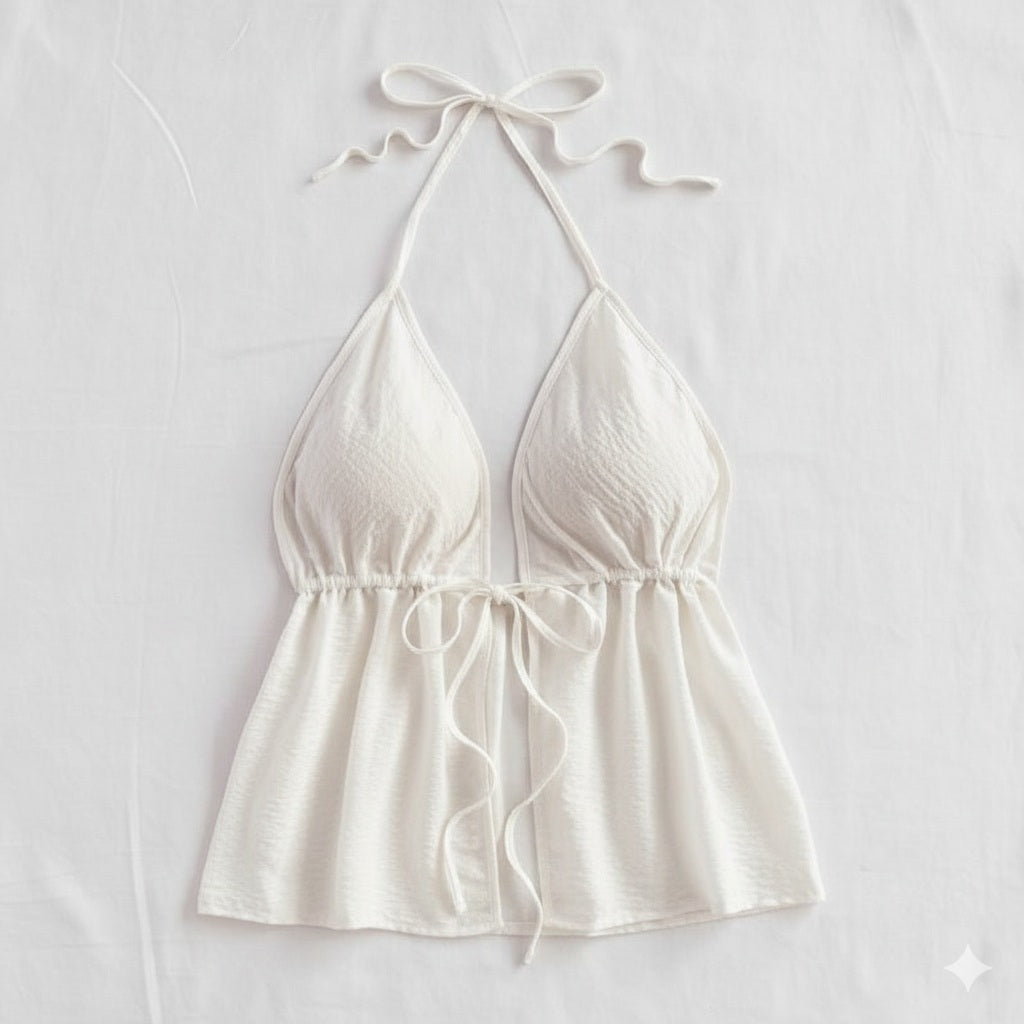Top halter blanco de tiras con ruedo amplio